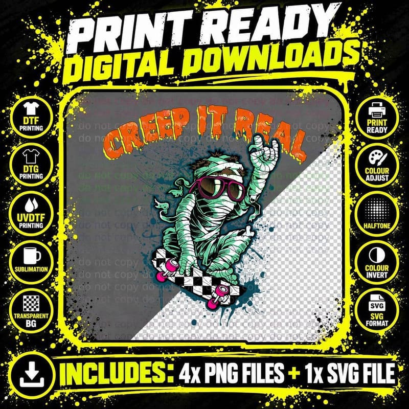 Retro Halloween Creep It Real Vintage Mummy Skate Png SVG Digital Bundle