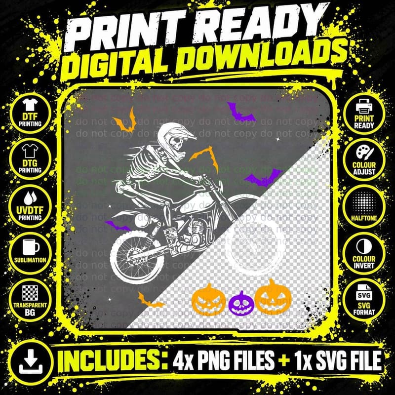 Retro Halloween Motocross Player Skeleton Motocross Png SVG Digital Bundle