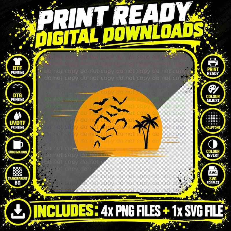 Retro Halloween at the Beach, Cool Halloween Bats at Png SVG Digital Bundle