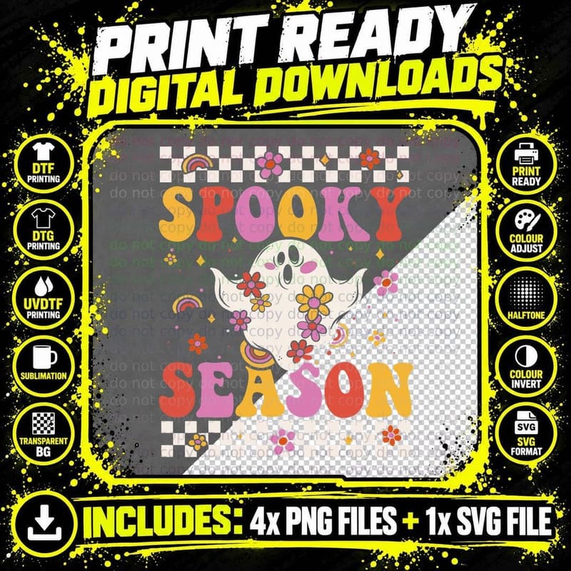 Retro Hippie Halloween Cute Ghost Spooky Season Funny Png SVG Digital Bundle