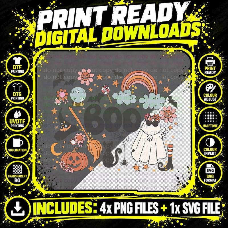 Retro Hippie Halloween Cute Ghost Spooky Season Women Png SVG Digital Bundle