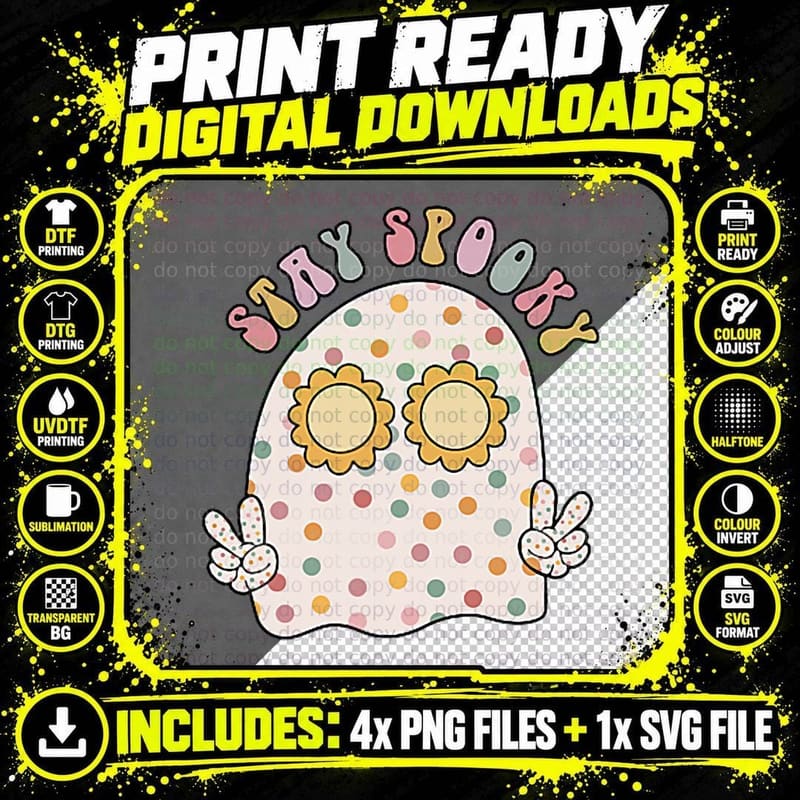Retro Hippie Halloween Cute Ghost Stay Spooky Season Png SVG Digital Bundle