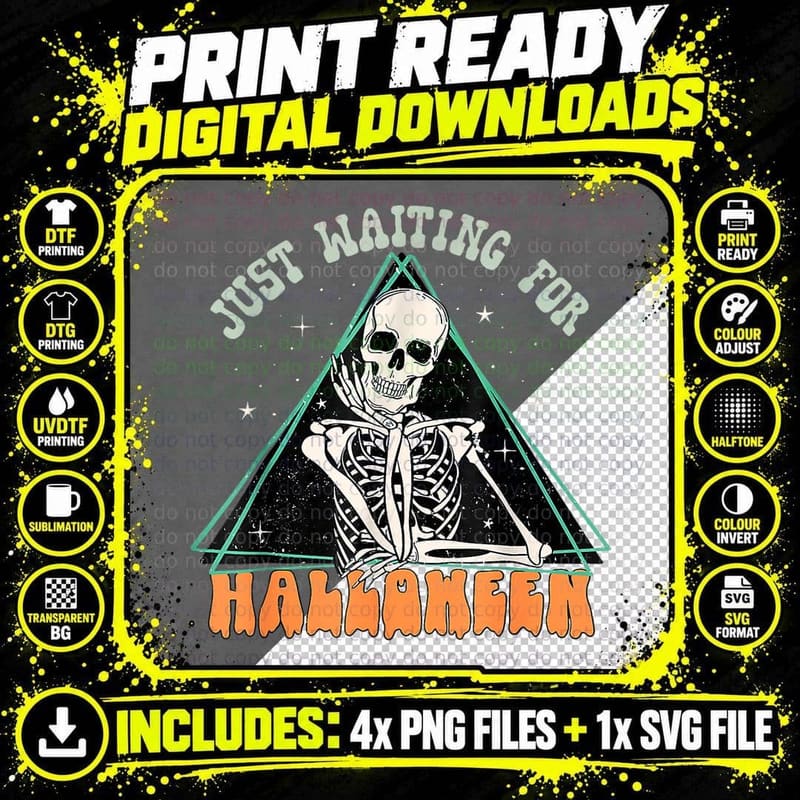 Retro Just Waiting for Halloween Skeleton Spooky Season Png SVG Digital Bundle
