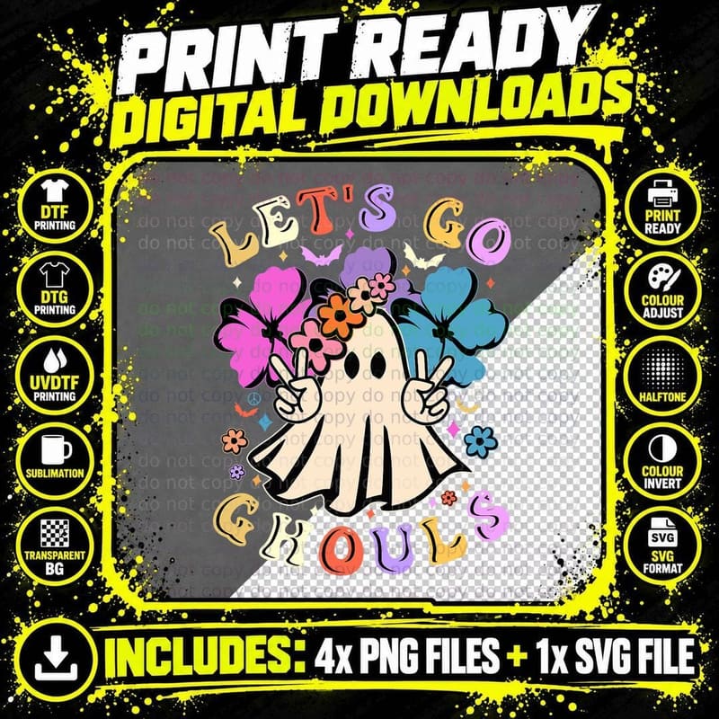 Retro Lets Go Ghouls Halloween Party Trick or Treat Png SVG Digital Bundle