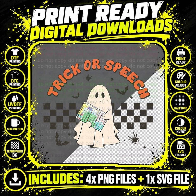 Retro SLP Halloween Cute Ghost Trick or Speech Spooky Png SVG Digital Bundle