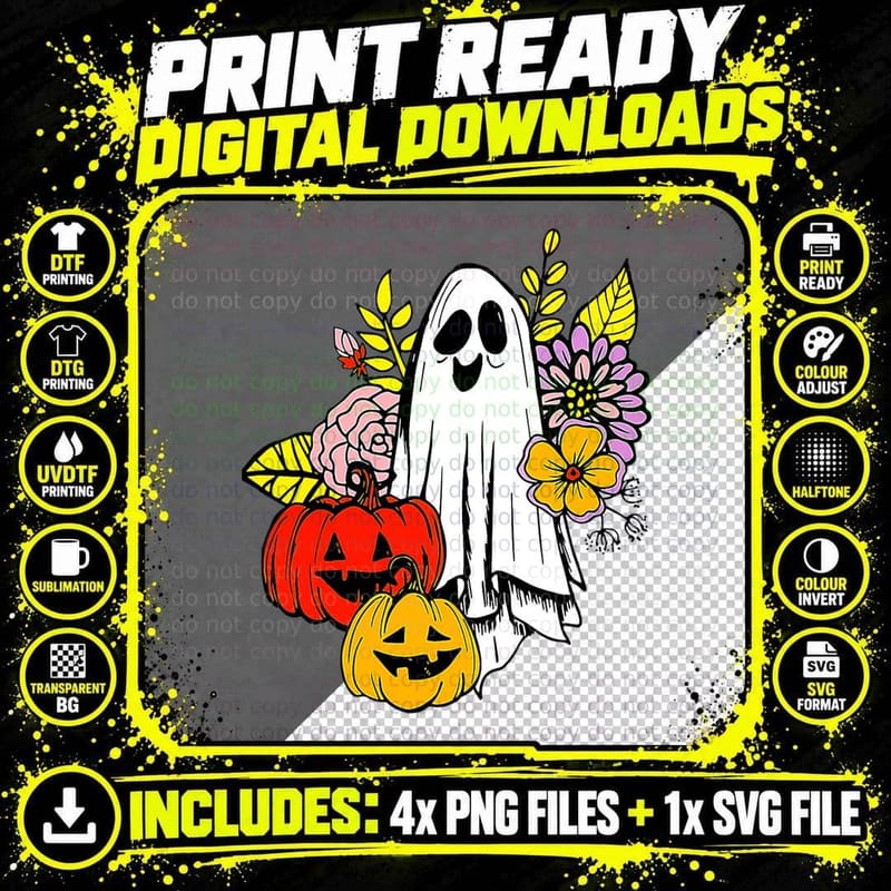 Retro Vintage Gnoovy Halloween Colors Flower Ghost Png SVG Digital Bundle
