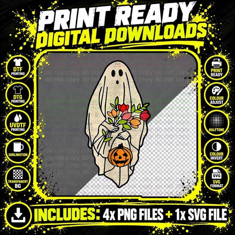 Retro Vintage Gnoovy Halloween Flower Ghost Pumpkin Png SVG Digital Bundle