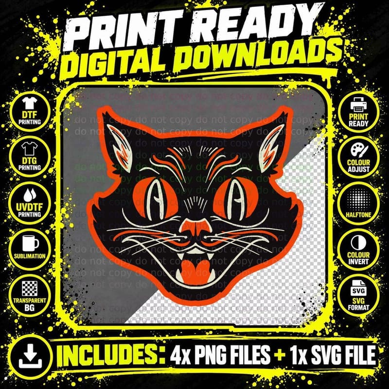 Retro Vintage Halloween Angry Black Cat Growling Face Png SVG Digital Bundle