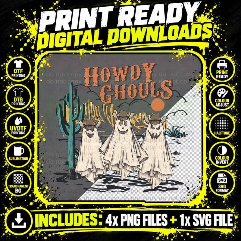 Retro Vintage Howdy Ghouls Western Halloween Cowboy Png SVG Digital Bundle