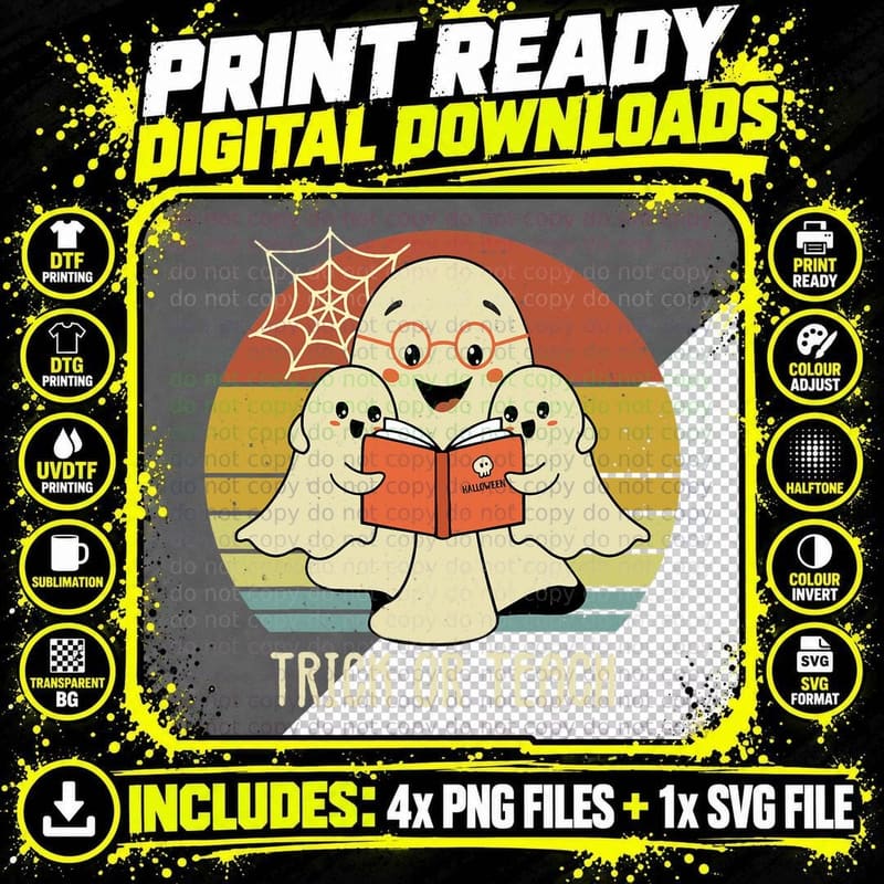 Retro Vintage Trick or Teach Halloween Teacher Ghost Png SVG Digital Bundle