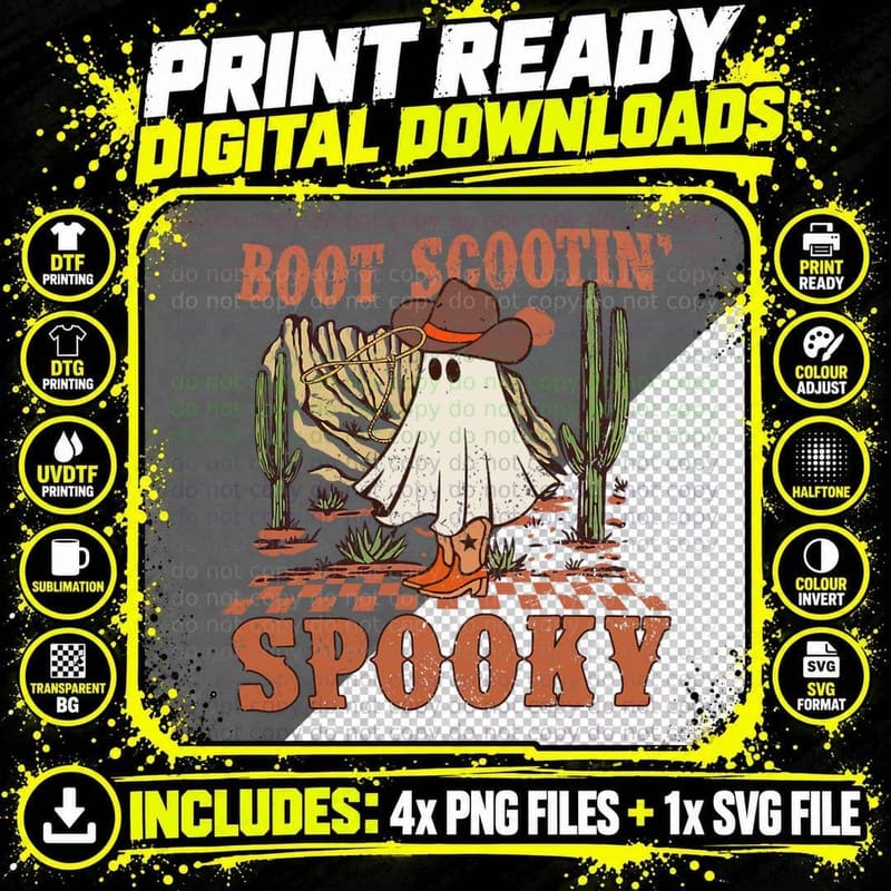 Retro Western Halloween Cute Ghost Funny Boot Scootin Png SVG Digital Bundle