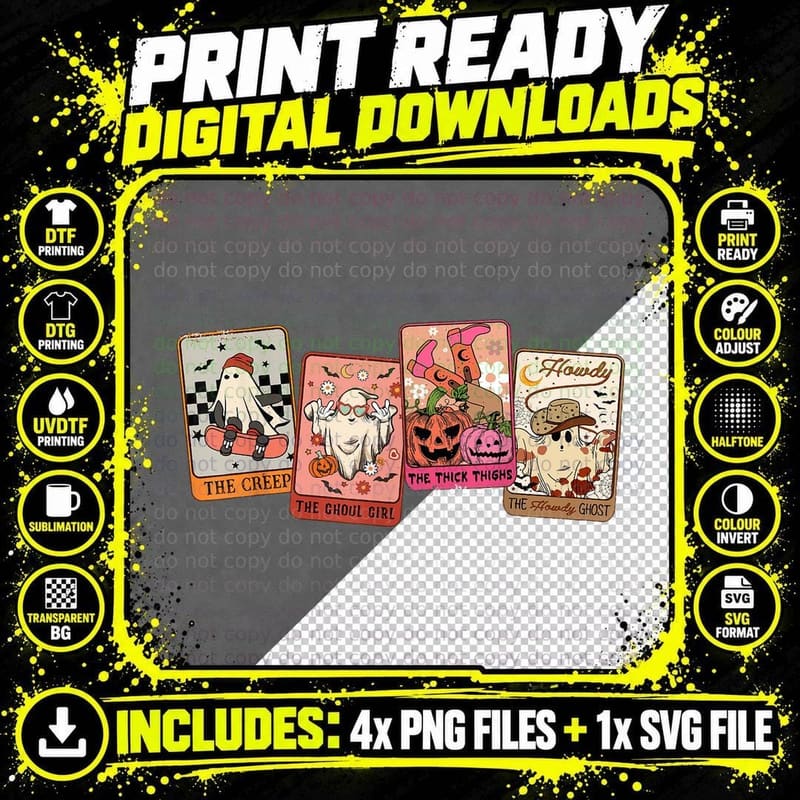 Retro Western Halloween Ghost Tarot Card Spooky Season Png SVG Digital Bundle