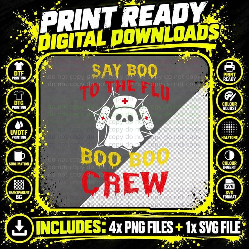 Say Boo to the Flu Boo Crew Ghost Nurse Funny Halloween Png SVG Digital Bundle