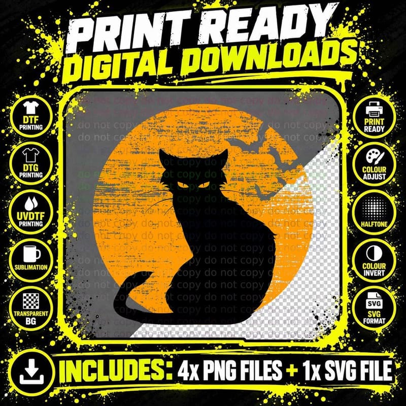 Scary Black Cat Mom Costume Vintage Halloween Retro Moon Png SVG Digital Bundle