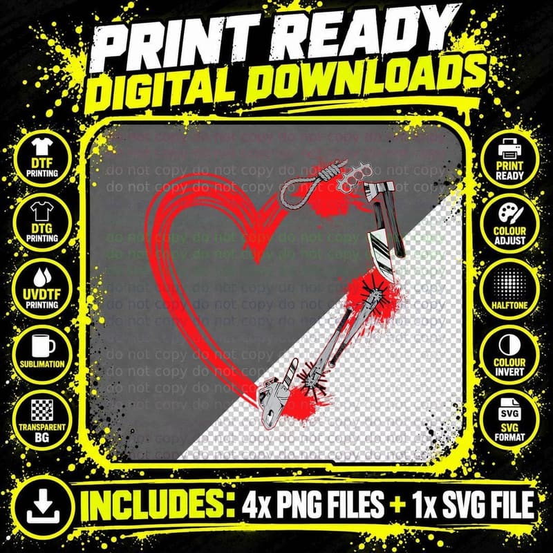 Scary Horror Movie Chain Saw Knife Heart Blood Horror Png SVG Digital Bundle