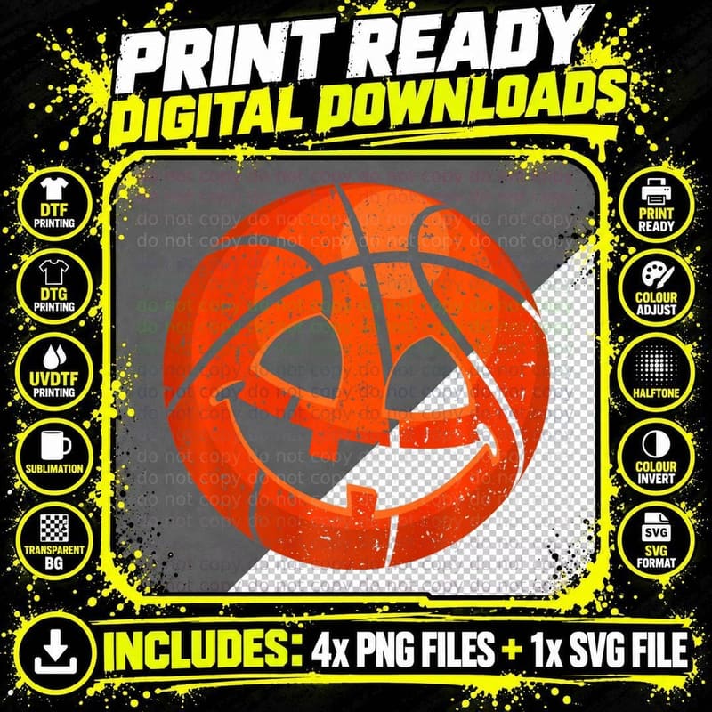 Scary Pumpkin Basketball Halloween Retro Vintage Design Png SVG Digital Bundle