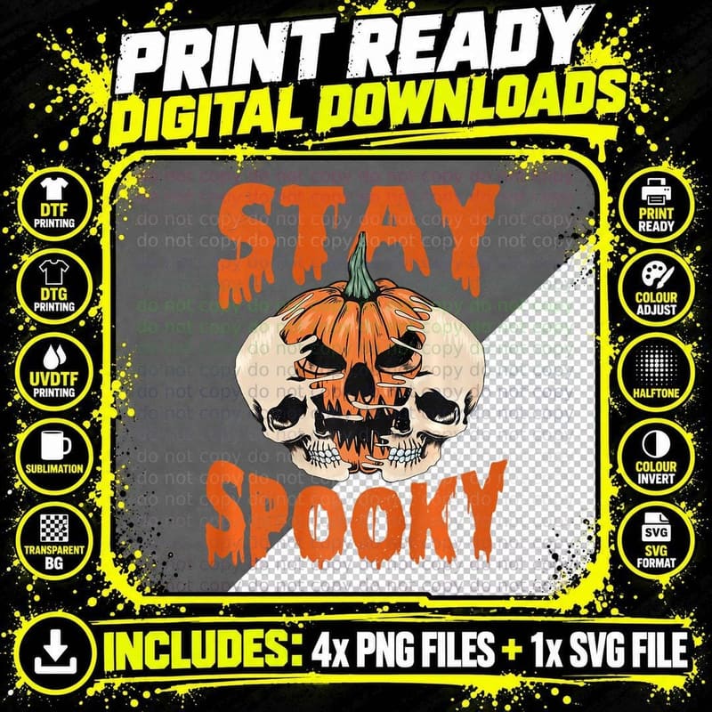 Scary Retro Halloween Stay Spooky Season Pumpkin Skull Png SVG Digital Bundle