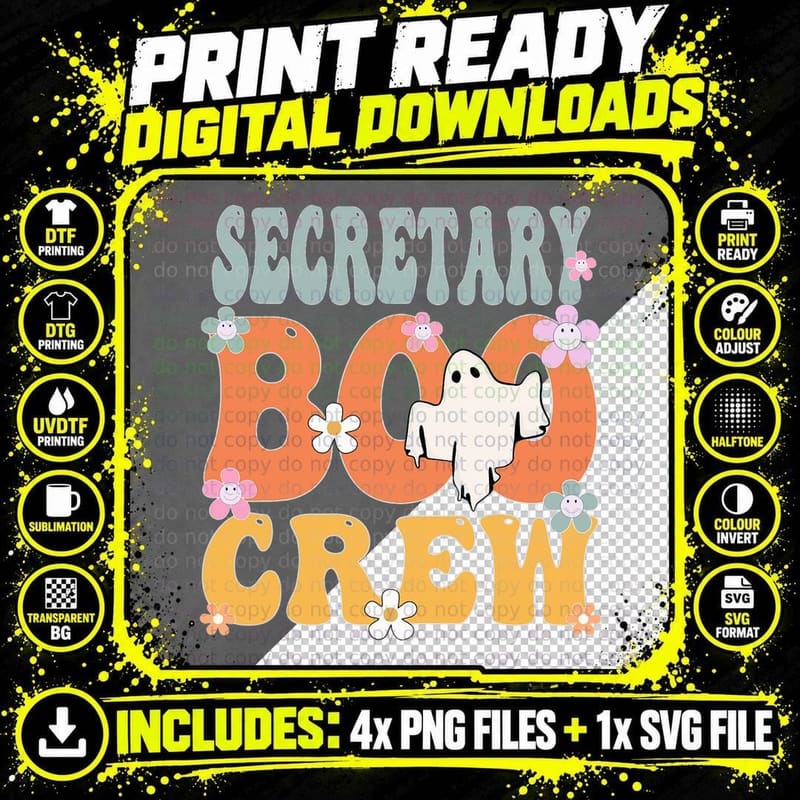 Secretary Boo Crew Ghost Retro Groovy Halloween for Png SVG Digital Bundle