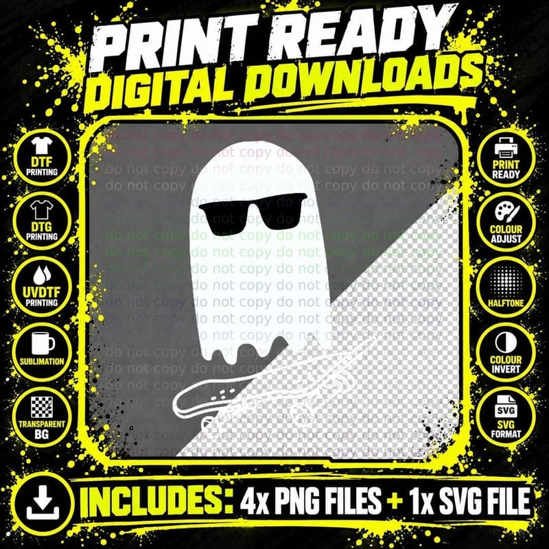 Skateboarding Ghost - Ghost on Skateboard Halloween Png SVG Digital Bundle