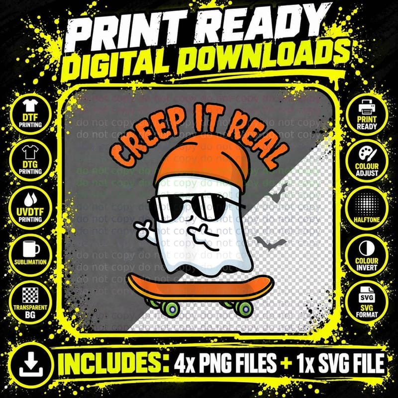 Skater Creep It Real Ghost Skateboard Funny Halloween Png SVG Digital Bundle