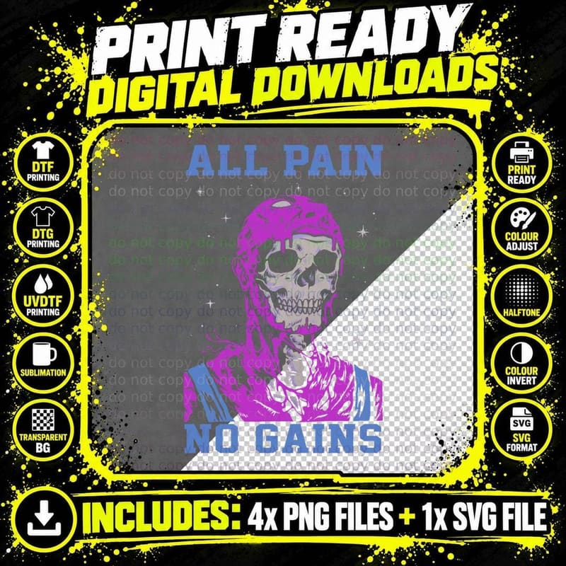 Skeleton All Pain No Gains T-Shirt Png SVG Digital Bundle