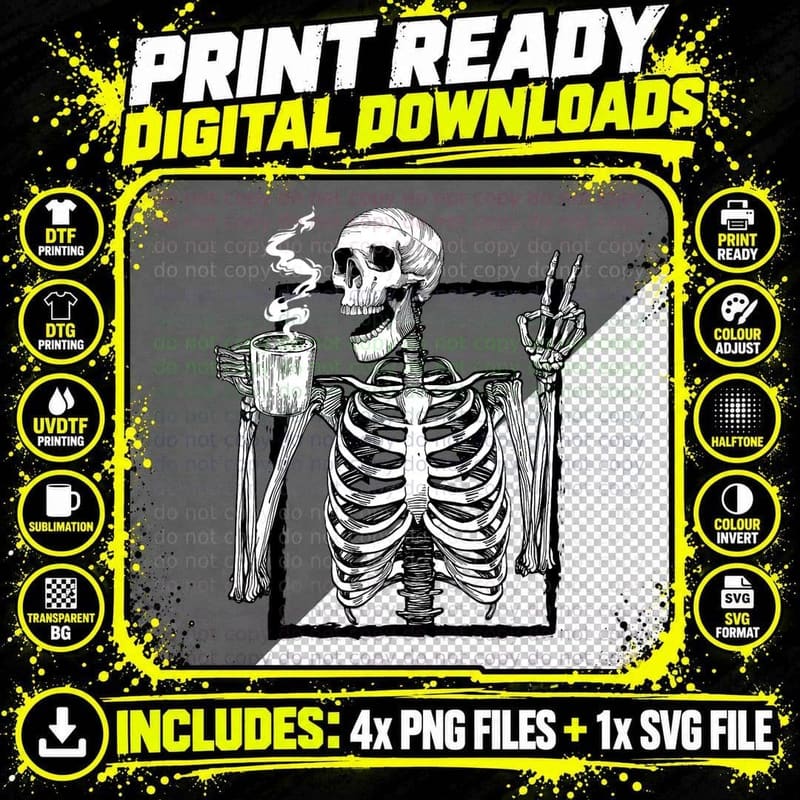 Skeleton Drinking Coffee, Peace Halloween Grunge Png SVG Digital Bundle