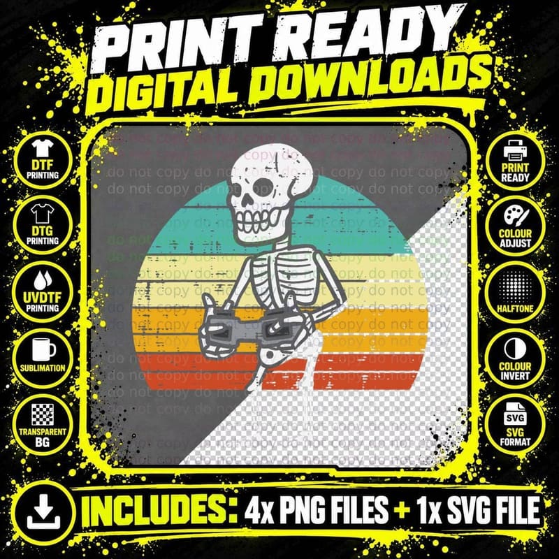 Skeleton Game Controller Retro Gamer Halloween Boys Kids Png SVG Digital Bundle
