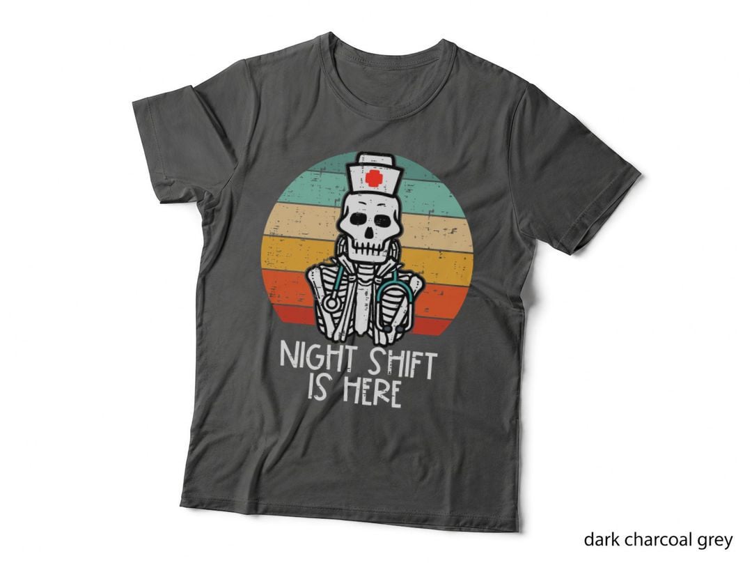 Skeleton Night Shift's Here Retro Halloween RN Nurses Women T-Shirt