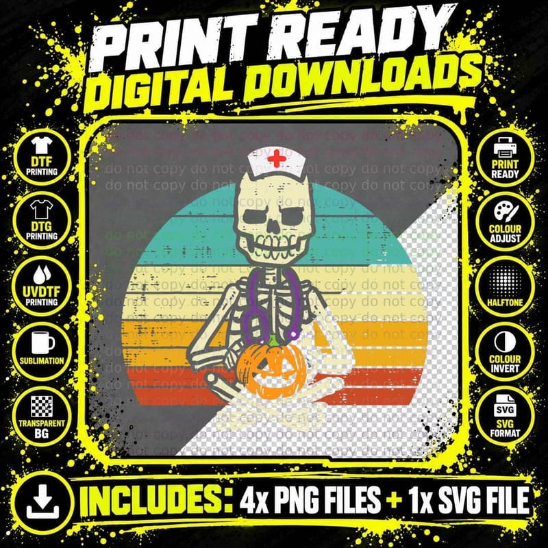 Skeleton Nurse Pumpkin Retro Halloween Costume Nursing Png SVG Digital Bundle