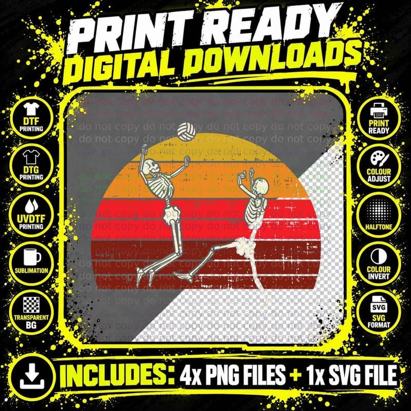 Skeleton Playing Volleyball Retro Halloween Sport Gift Png SVG Digital Bundle