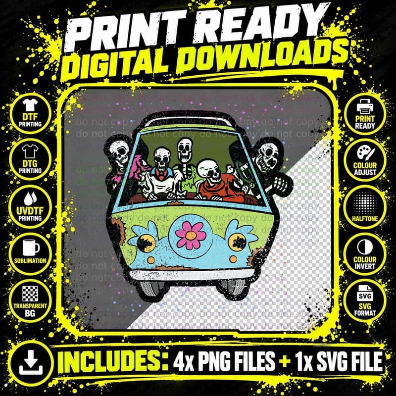Skeleton Riding Hippie Van Halloween Costume Retro Bones Png SVG Digital Bundle
