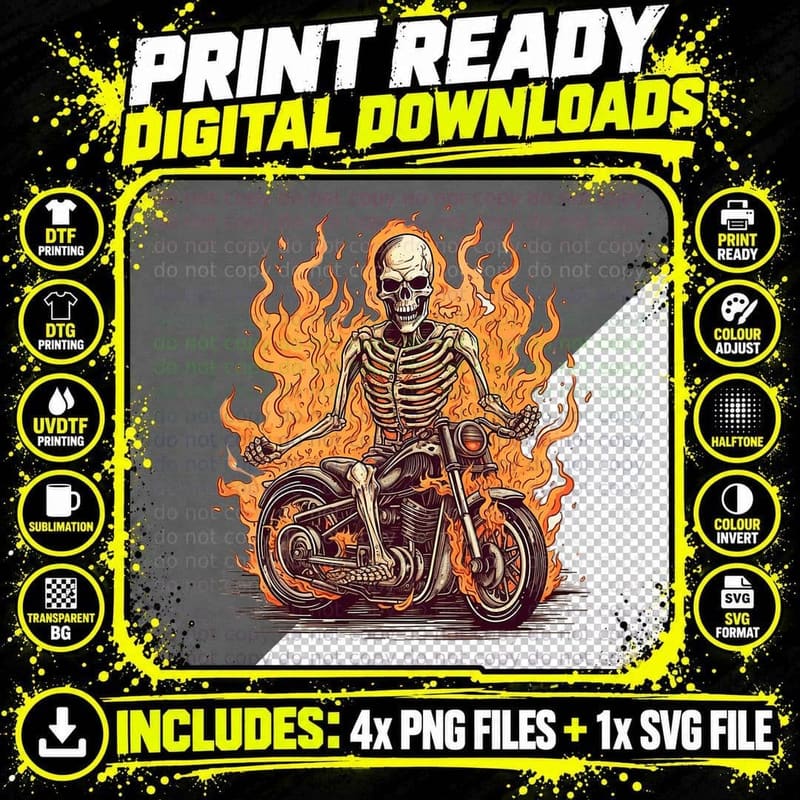 Skeleton Riding Motorcycle Halloween Costume Biker Men Png SVG Digital Bundle