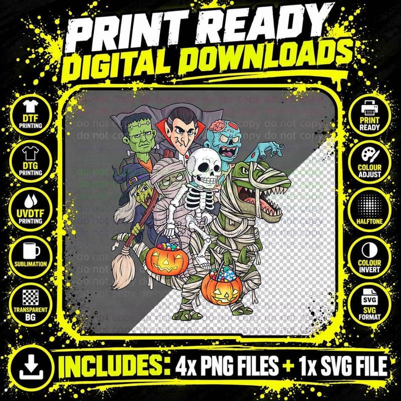 Skeleton Zombie Riding Mummy T Rex Funny Halloween Png SVG Digital Bundle