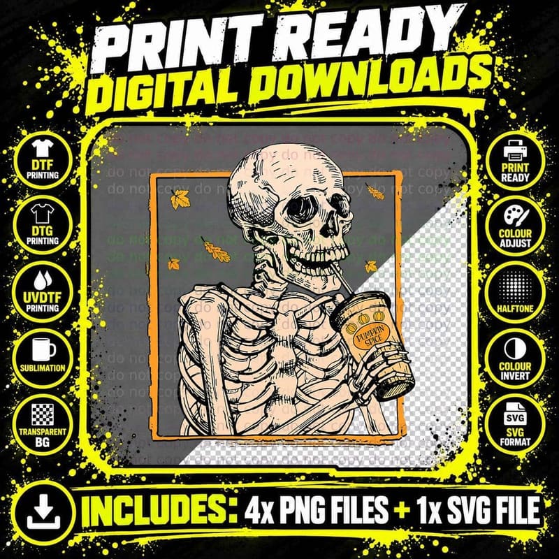 Skull Skeleton Drink Pumpkin Spice Latte Vintage Png SVG Digital Bundle