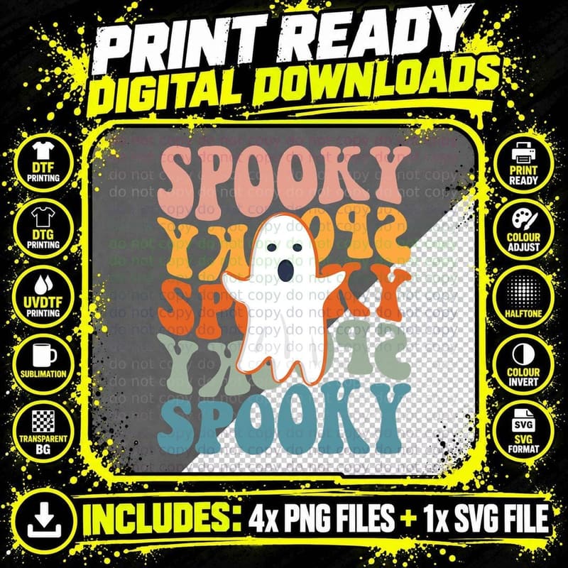 Spooky Boo Halloween Costume Retro Daisy Colorful Scary Png SVG Digital Bundle