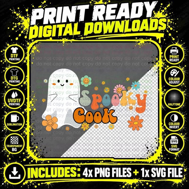 Spooky Cook Retro Groovy Cute Ghost Halloween T-Shirt Png SVG Digital Bundle