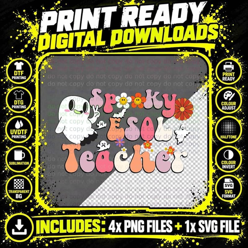 Spooky ESOL Teacher, Retro Groovy Halloween English Png SVG Digital Bundle