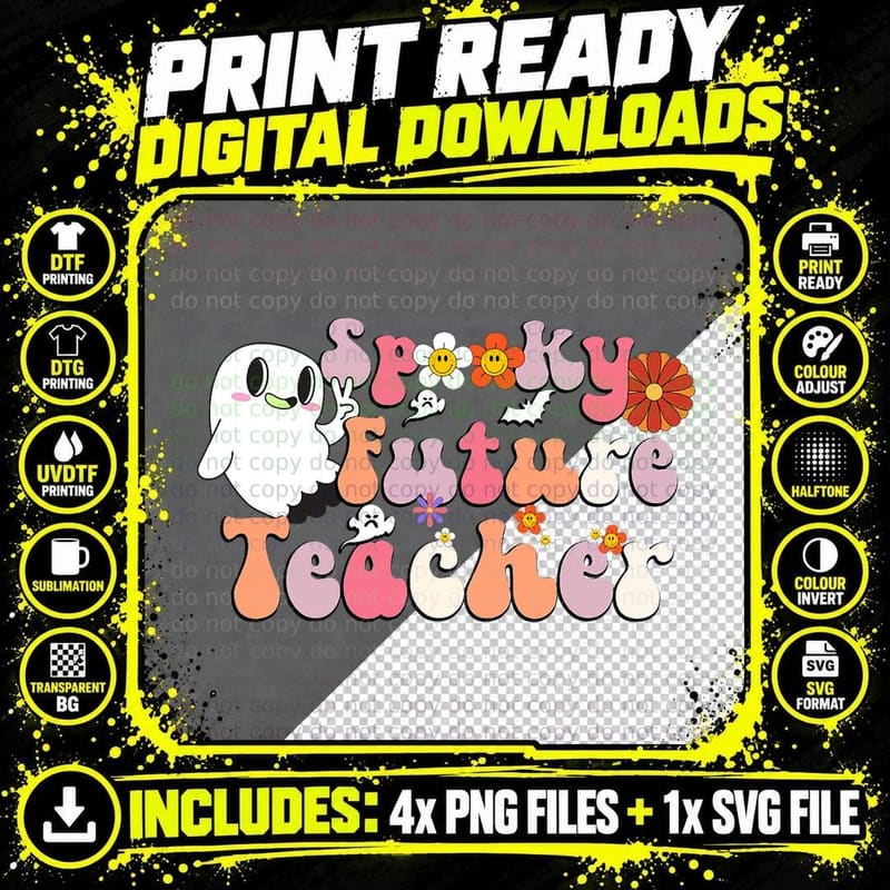 Spooky Future Teacher, Retro Groovy Halloween Aide Png SVG Digital Bundle
