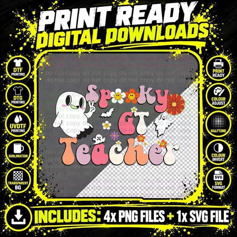 Spooky GT Teacher Retro Groovy Halloween Gifted and Png SVG Digital Bundle