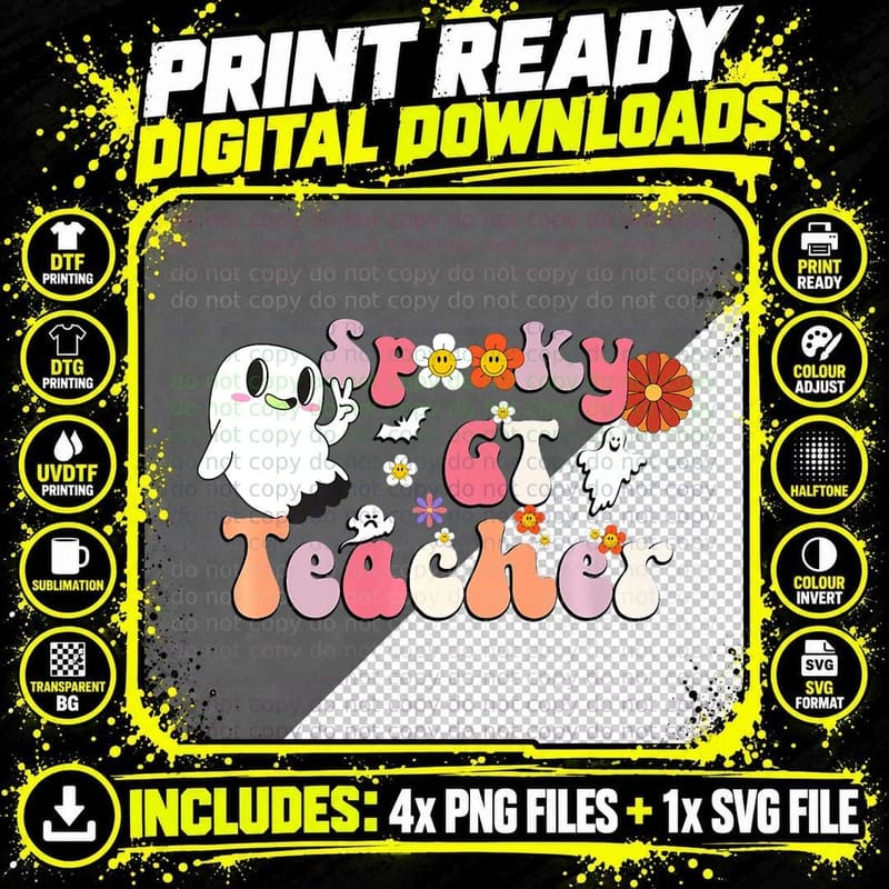 Spooky GT Teacher Retro Groovy Halloween Gifted and Png SVG Digital Bundle