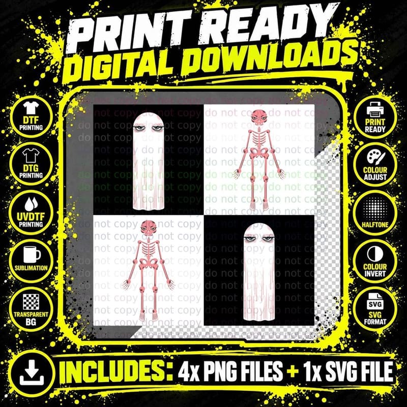 Spooky Ghost and Skeleton Checkerboard T-Shirt Png SVG Digital Bundle