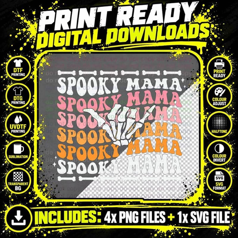Spooky Mama Cute Retro Halloween Skeleton Party T-Shirt Png SVG Digital Bundle