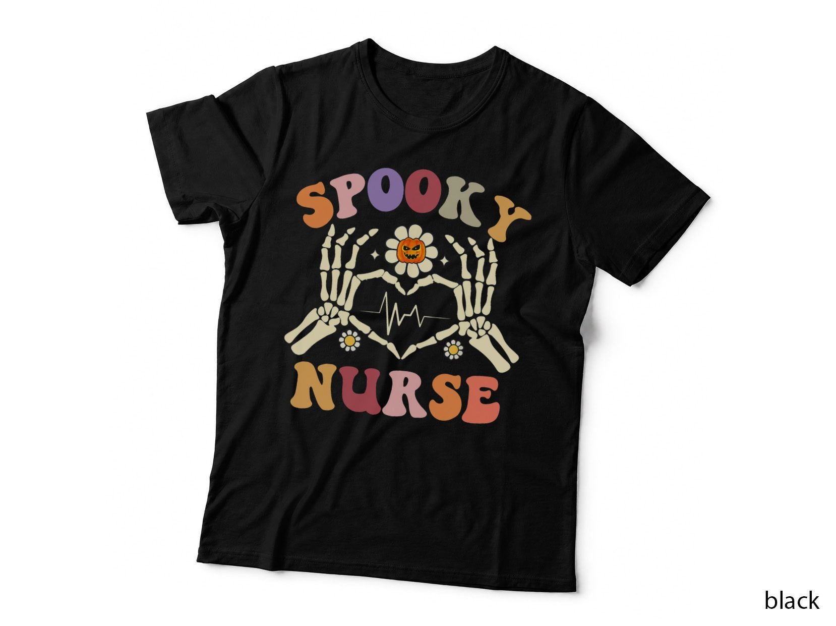 Spooky Nurse Skeleton Hand Heartbeat Groovy Retro Halloween T-Shirt