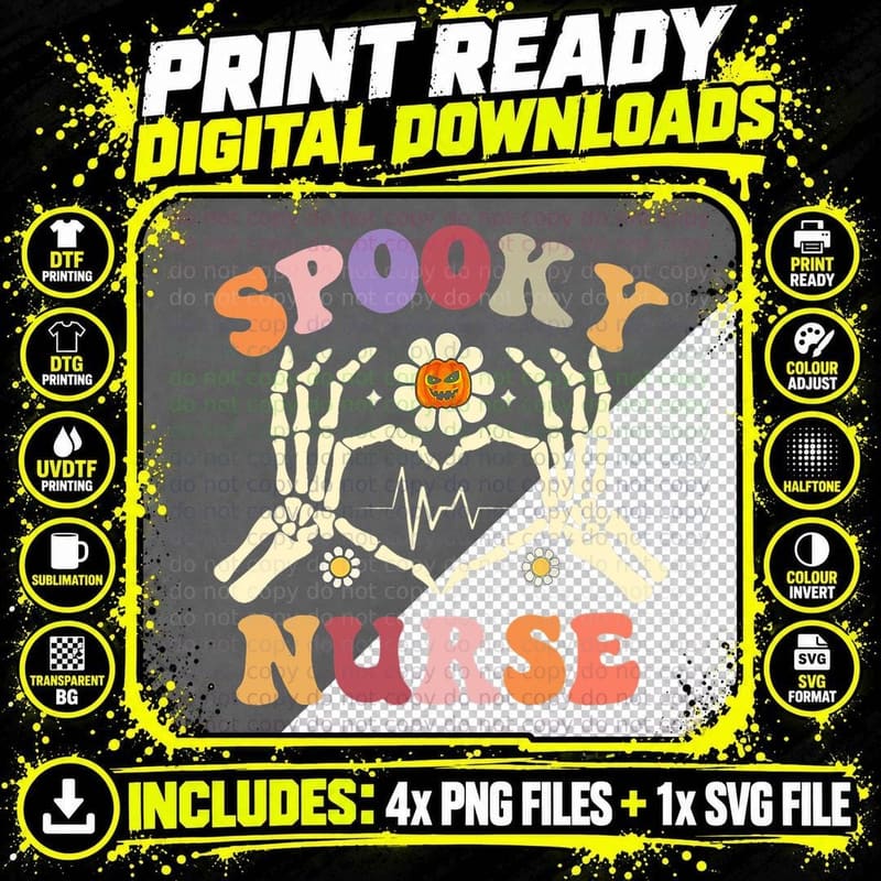 Spooky Nurse Skeleton Hand Heartbeat Groovy Retro Png SVG Digital Bundle