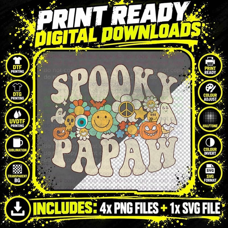 Spooky Papaw Matching Retro Halloween Ghost Boo T-Shirt Png SVG Digital Bundle