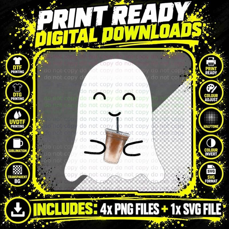 Spooky Season Cute Little Ghost Ice Coffee Halloween Png SVG Digital Bundle