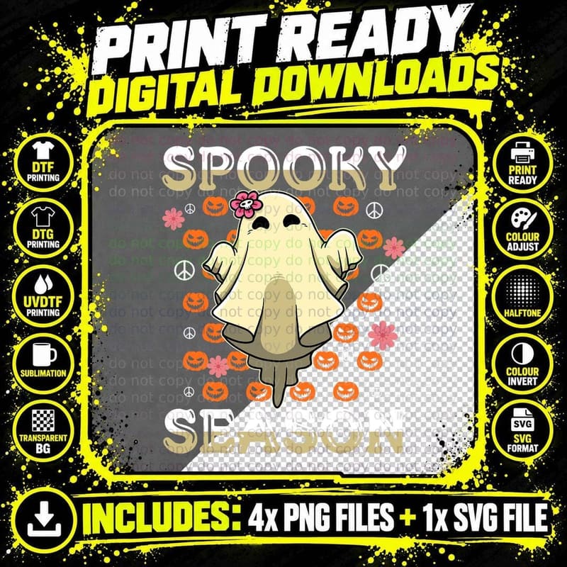 Spooky Season Ghost Peace Sign Retro Halloween Costume Png SVG Digital Bundle