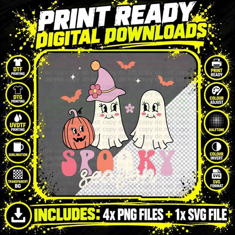 Spooky Season Groovy Retro Halloween Pumpkin Witch Ghost Png SVG Digital Bundle
