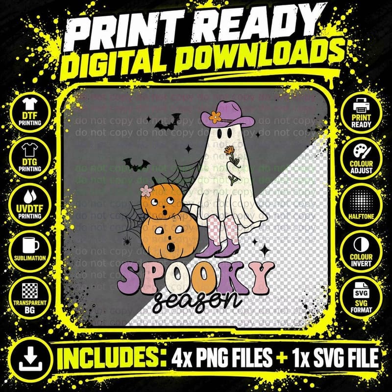Spooky Season Witch Ghost Groovy Retro Halloween Boy Png SVG Digital Bundle