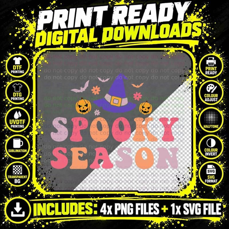Spooky Season Witch Groovy Retro Halloween Graphic Png SVG Digital Bundle